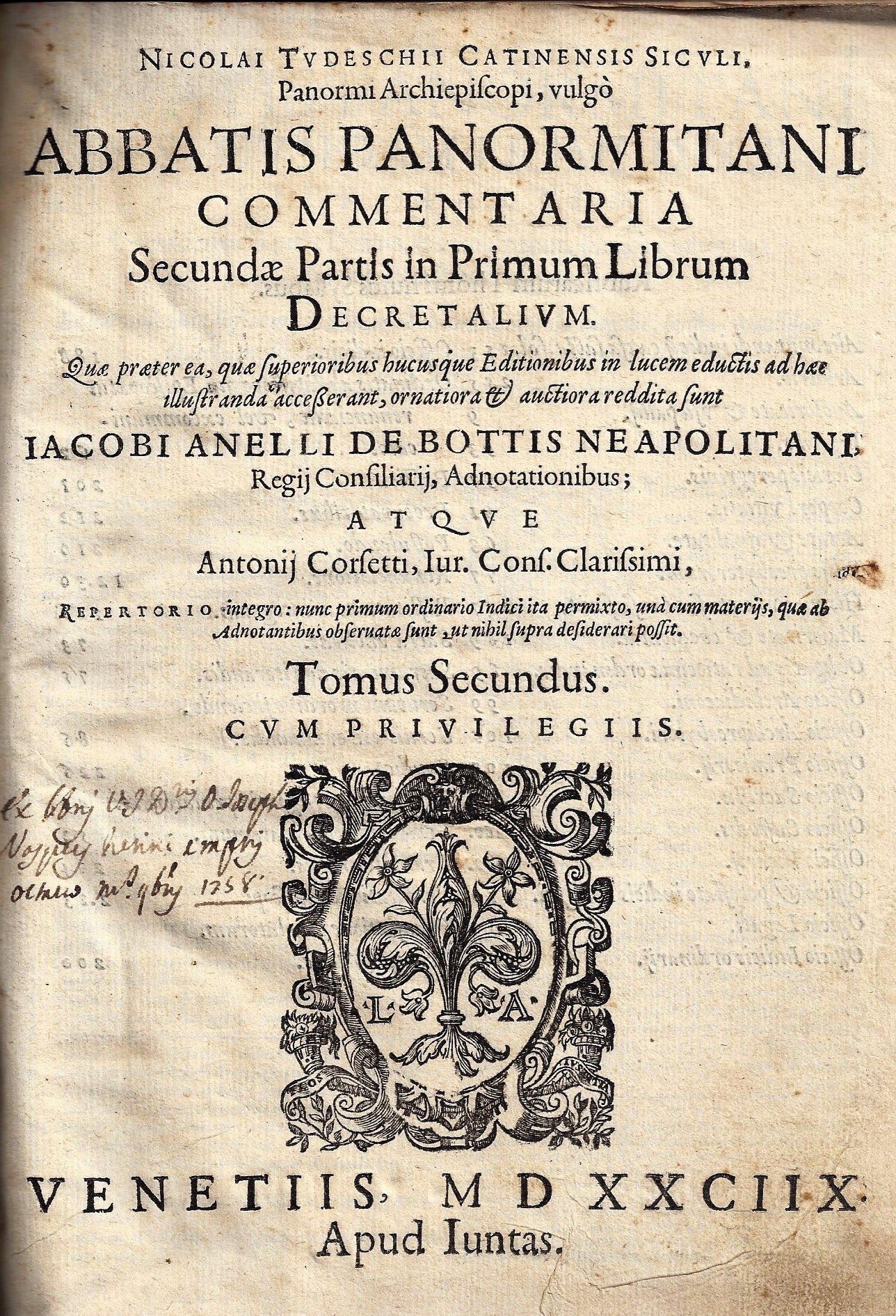 imgi_2_1588_nicolai nicolai tudeschii catinensis siculi, panormi archiepiscopi vulgo, abbatis panormitani omnia quae extant commentaria, primae partis, in primum decretalium librum. quae praeter ea, quae superioribus hucusque editionibus in lucem eductis ad haec illustranda