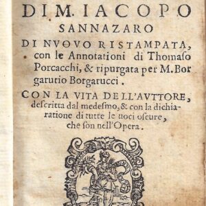 arcadia di m. iacopo sannazaro di nuouo ristampata, con le annotazioni di thomaso porcacchi, & ripurgata per m. borgarutio borgarucci. con la vita dell’auttore, descritta dal medesimo, & con la dichiaratione di tutte le uoci oscure, che son nell'o